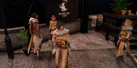 A scene featuring characters wearing assassin’s creed gear in Final Fantasy 15