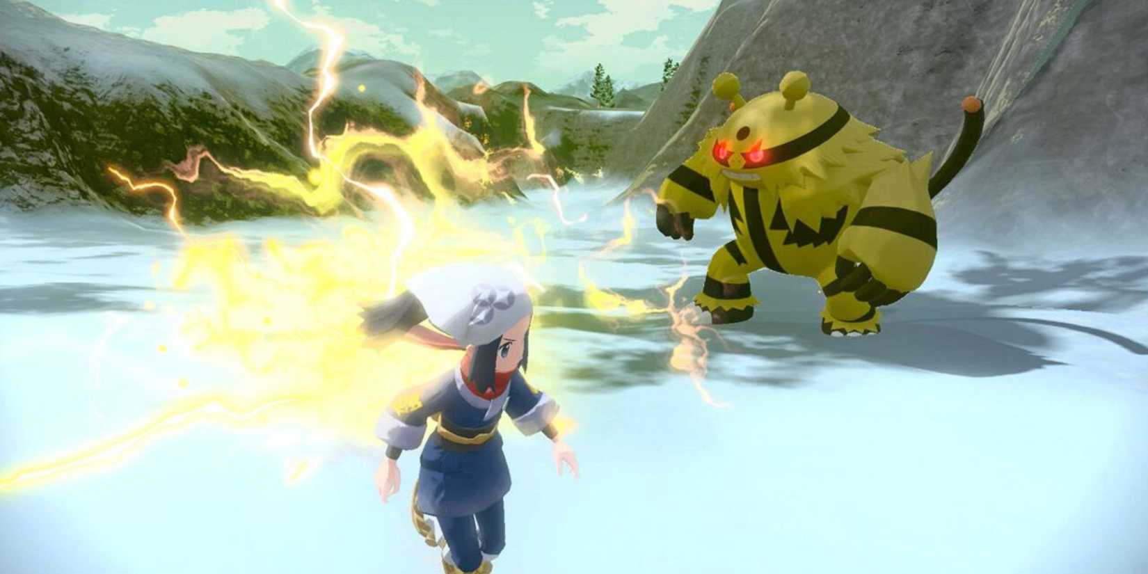 Akari facing off against a wild Electivire - Pokemon Legends: Arceus