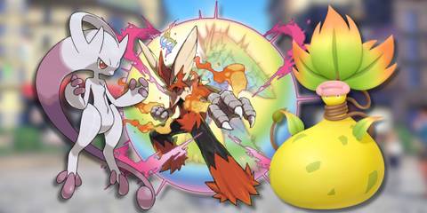A collage of three Mega Evolved Pokemon: Mega Mewteo Y, Mega Blaziken and Mega Victreebel.
