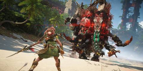 Aloy facing off against a Tremortusk - Horizon Forbidden West