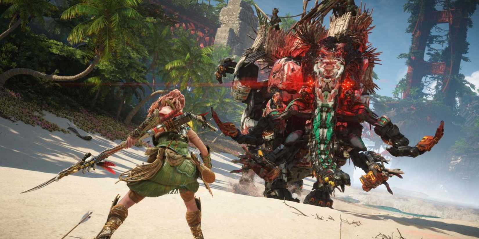 Aloy facing off against a Tremortusk - Horizon Forbidden West