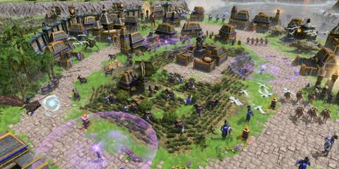 An intense battle between two armies - Age of Mythology Retold