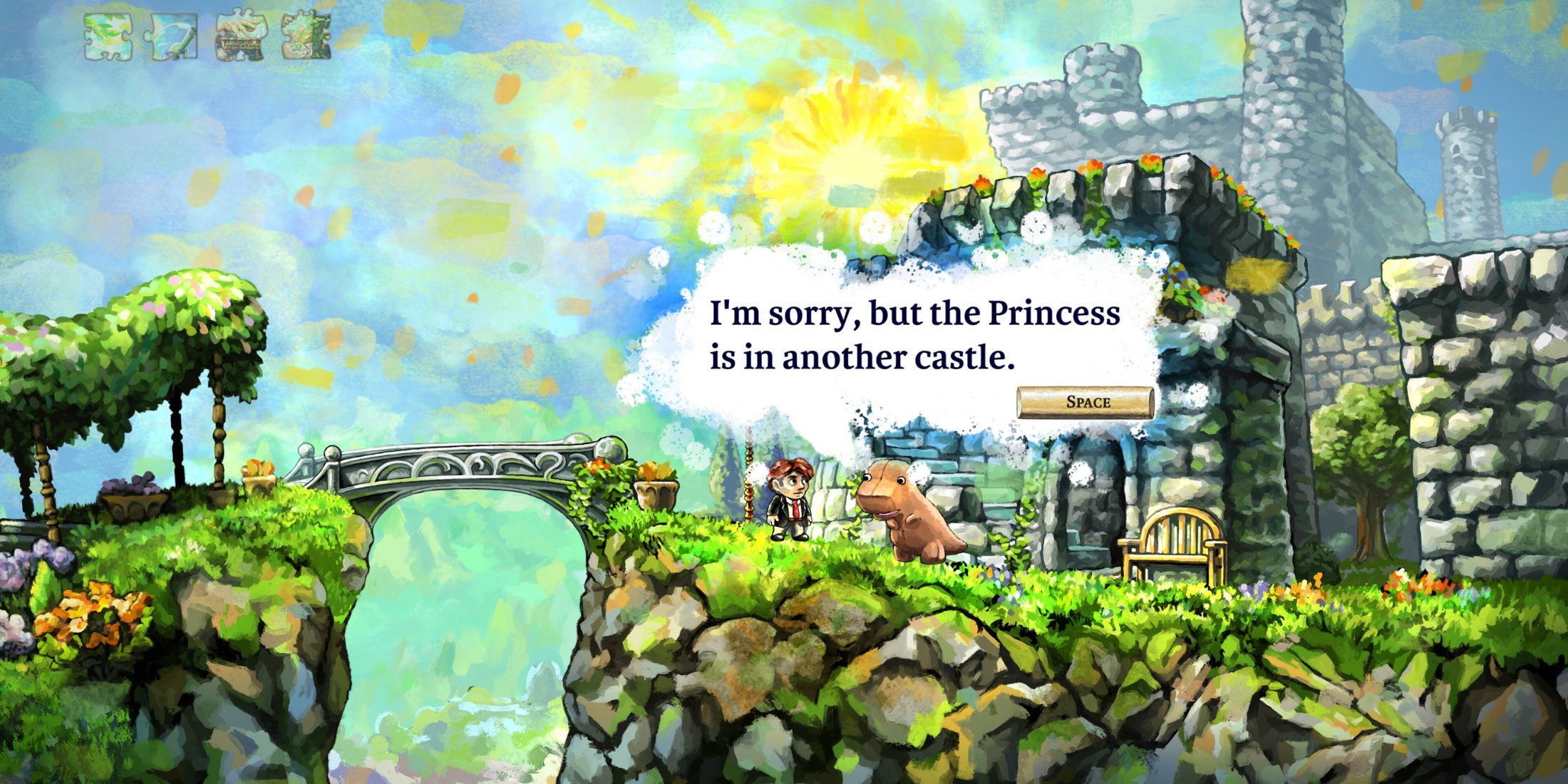 An NPC tells Tim that the princess is in another castle - Braid