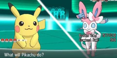 An online battle between a Pikachu and a Sylveon - Pokemon X And Y