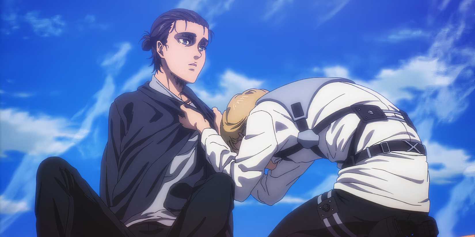 Armin bawling his eyes out while gripping Eren in Attack on Titan