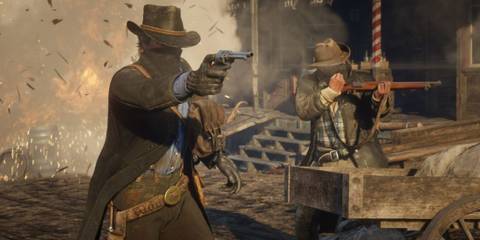 Arthur shooting a revolver as a bandit - Red Dead Redemption 2