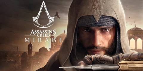 Assassin's Creed Mirage Basim next to white game logo cover artwork