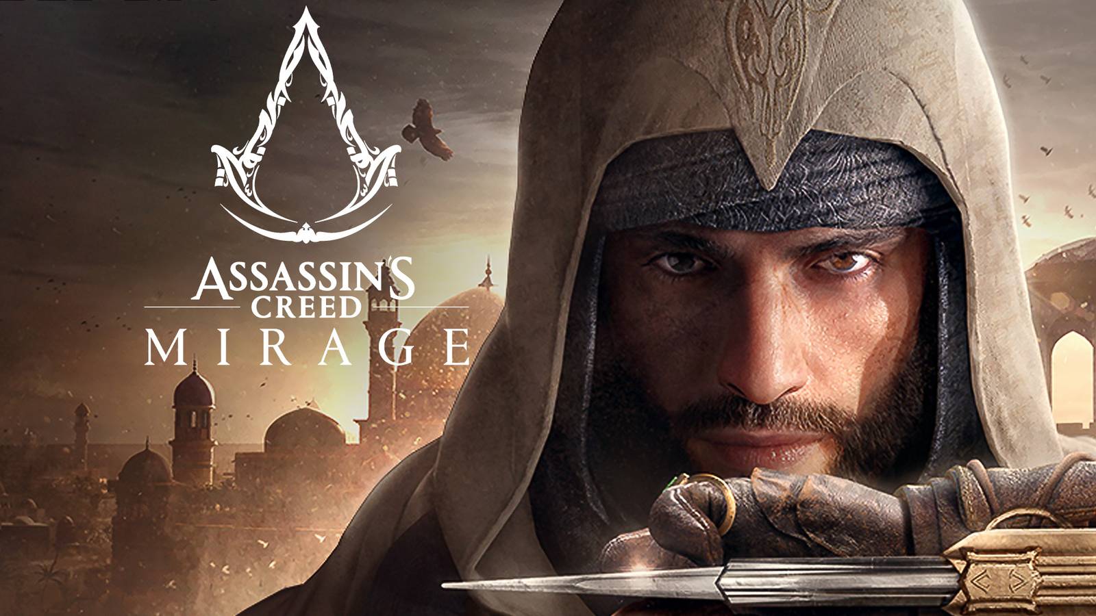 Assassin's Creed Mirage Basim next to white game logo cover artwork