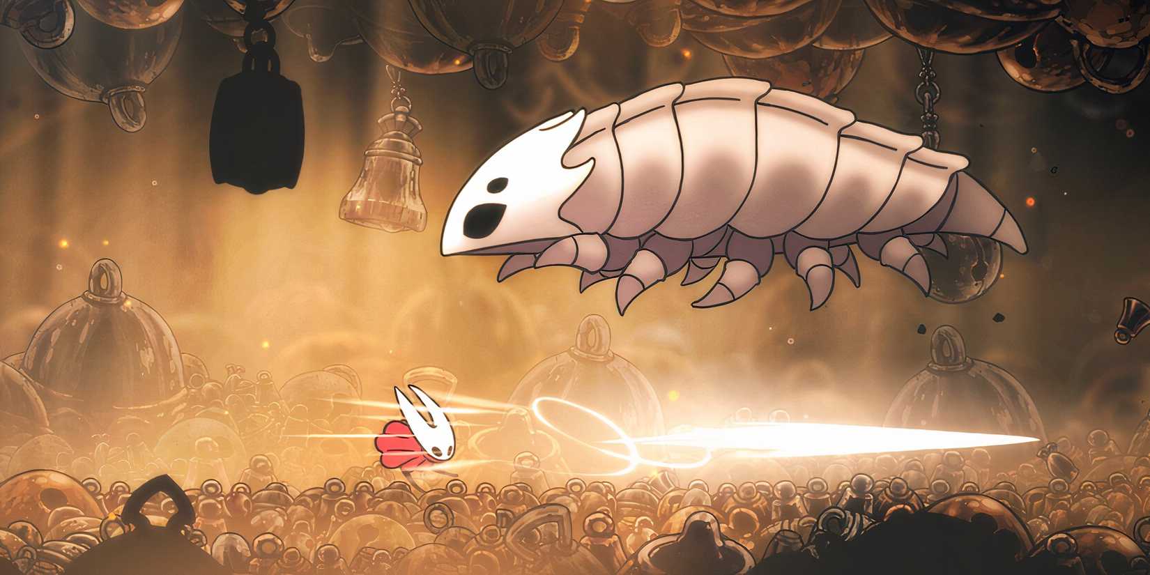 Attacking a big bug in Hollow Knight Silksong in Hollow Knight Silksong