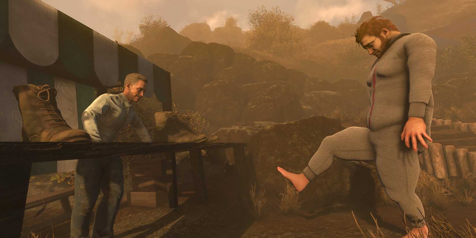 baby-steps-game-rant-advance-official-screenshot-nate-walking-up-to-shoe-vendor