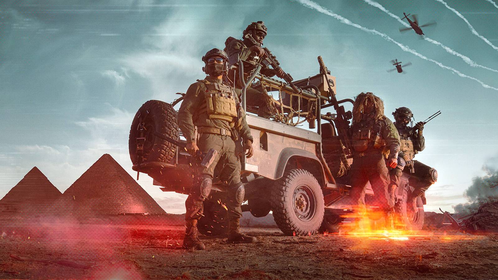 Battlefield 6 artwork soldier squad next to jeep
