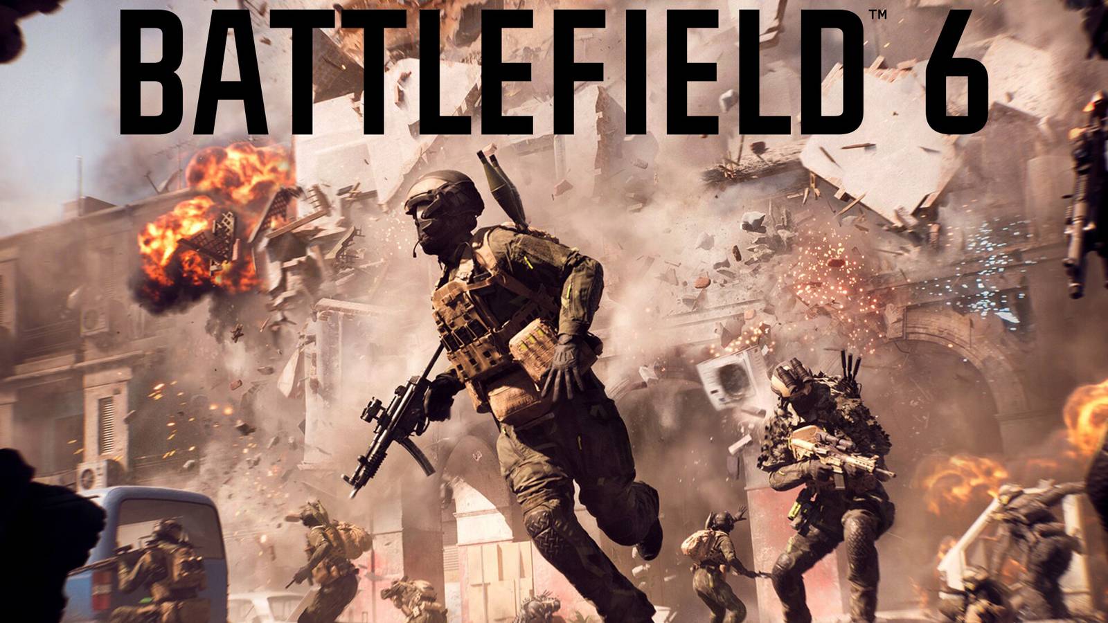 Battlefield 6 explosion key art with black game logo 2x1 composite
