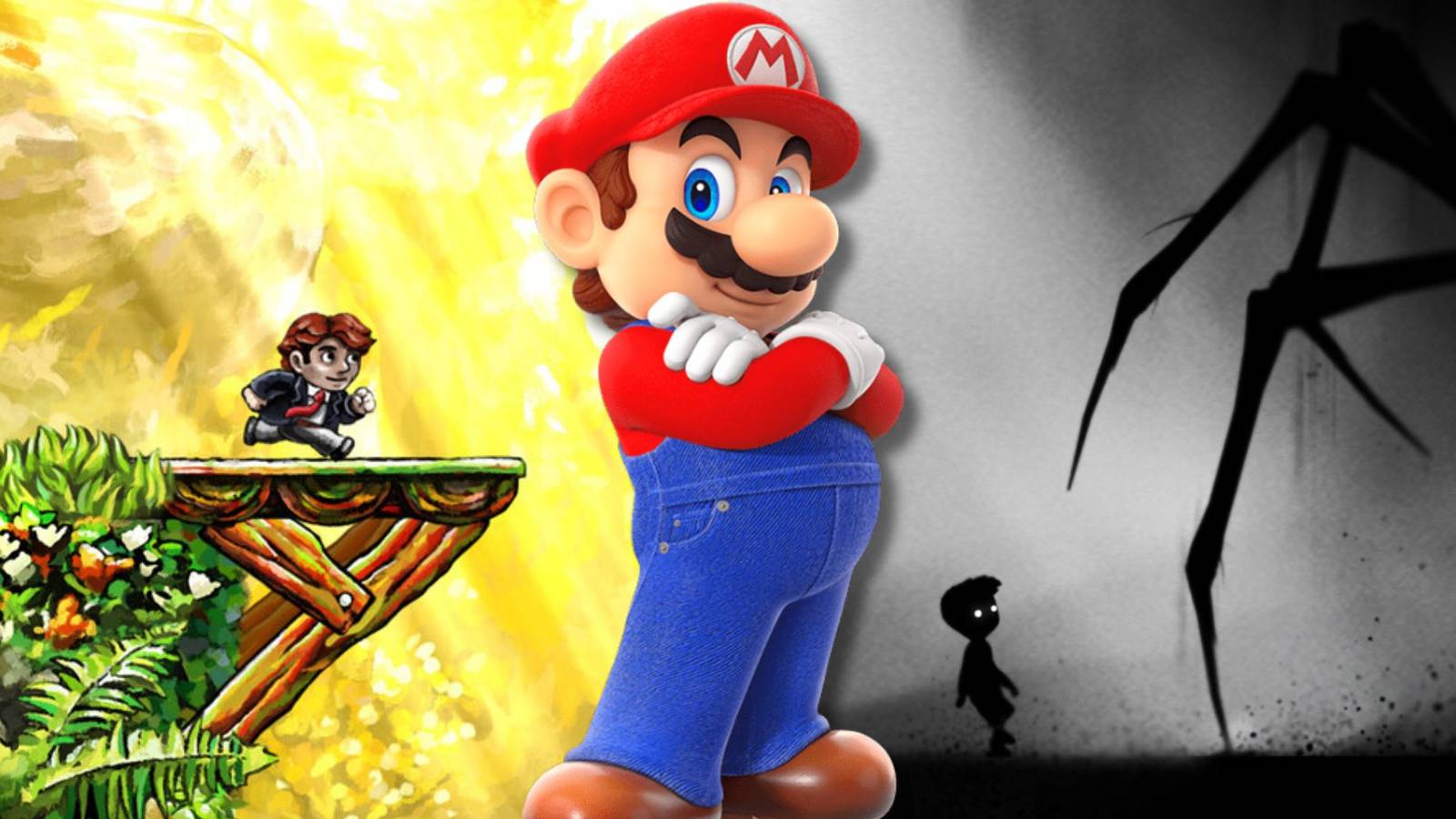 A collage of Mario, alongside two games that play similarly to his own games: Braid and Limbo.