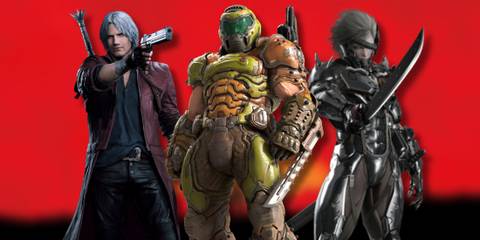A collage of characters from games that make the player feel like a boss: Dante from Devil May Cry 5, Doom Slayer from Doom and Raiden from Metal Gear Rising: Revengeance.