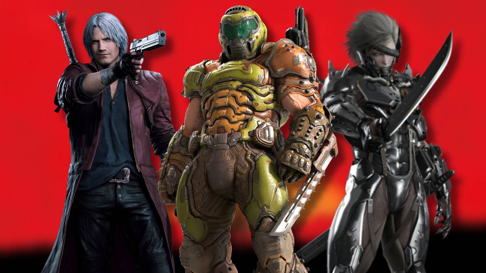 A collage of characters from games that make the player feel like a boss: Dante from Devil May Cry 5, Doom Slayer from Doom and Raiden from Metal Gear Rising: Revengeance.