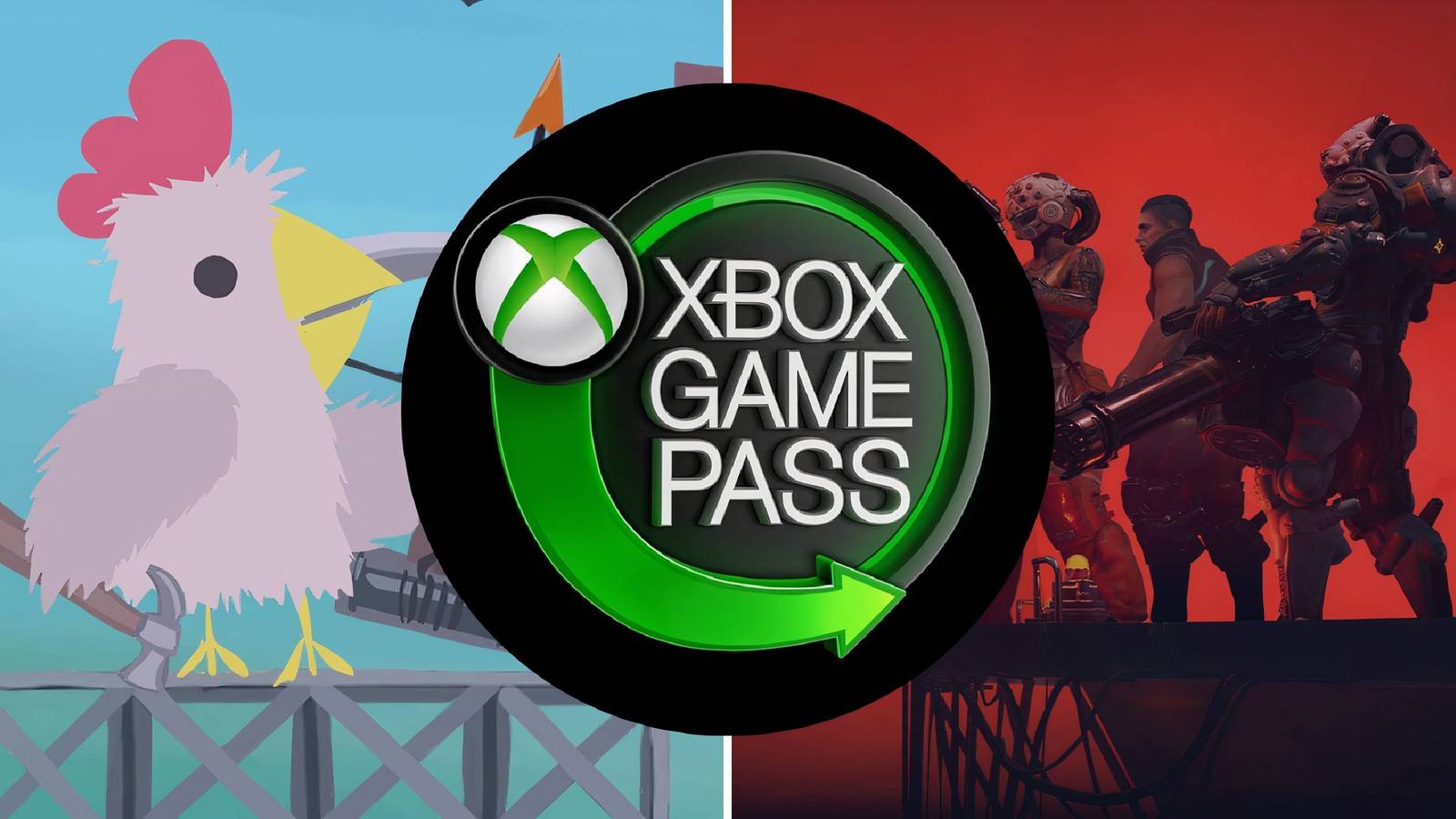 Ultimate Chicken Horse and The Ascent game covers as a background to the Xbox Game Pass logo