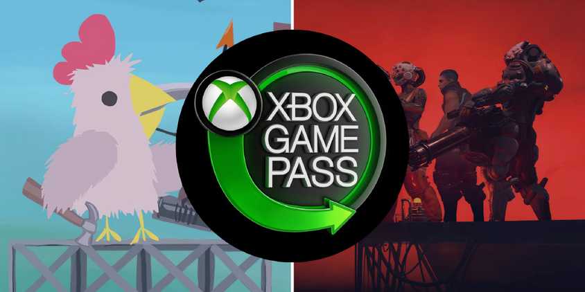 Ultimate Chicken Horse and The Ascent game covers as a background to the Xbox Game Pass logo