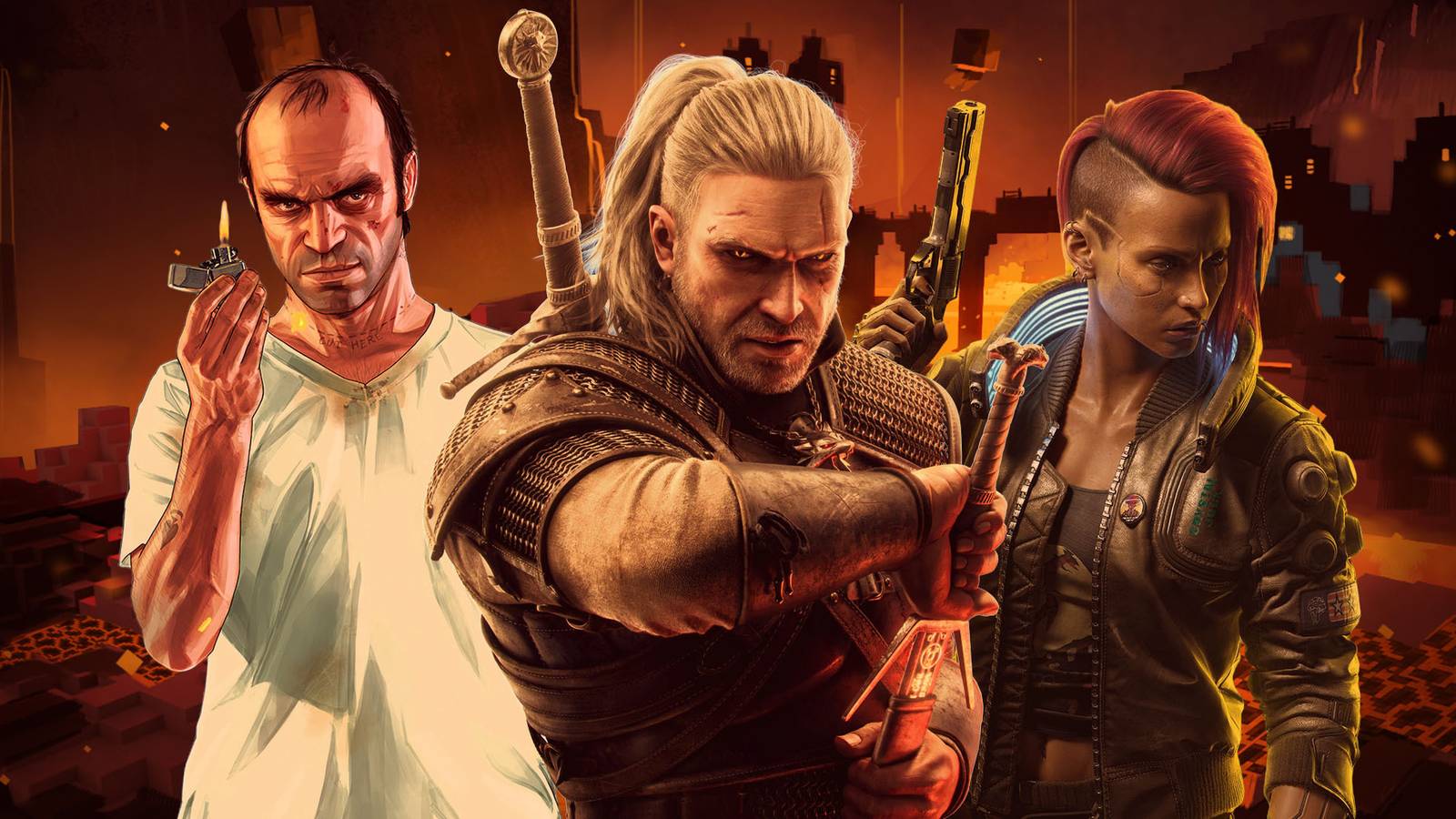 Trevor from GTA 5, Geralt from The Witcher 3, Fem V from Cyberpunk 2077