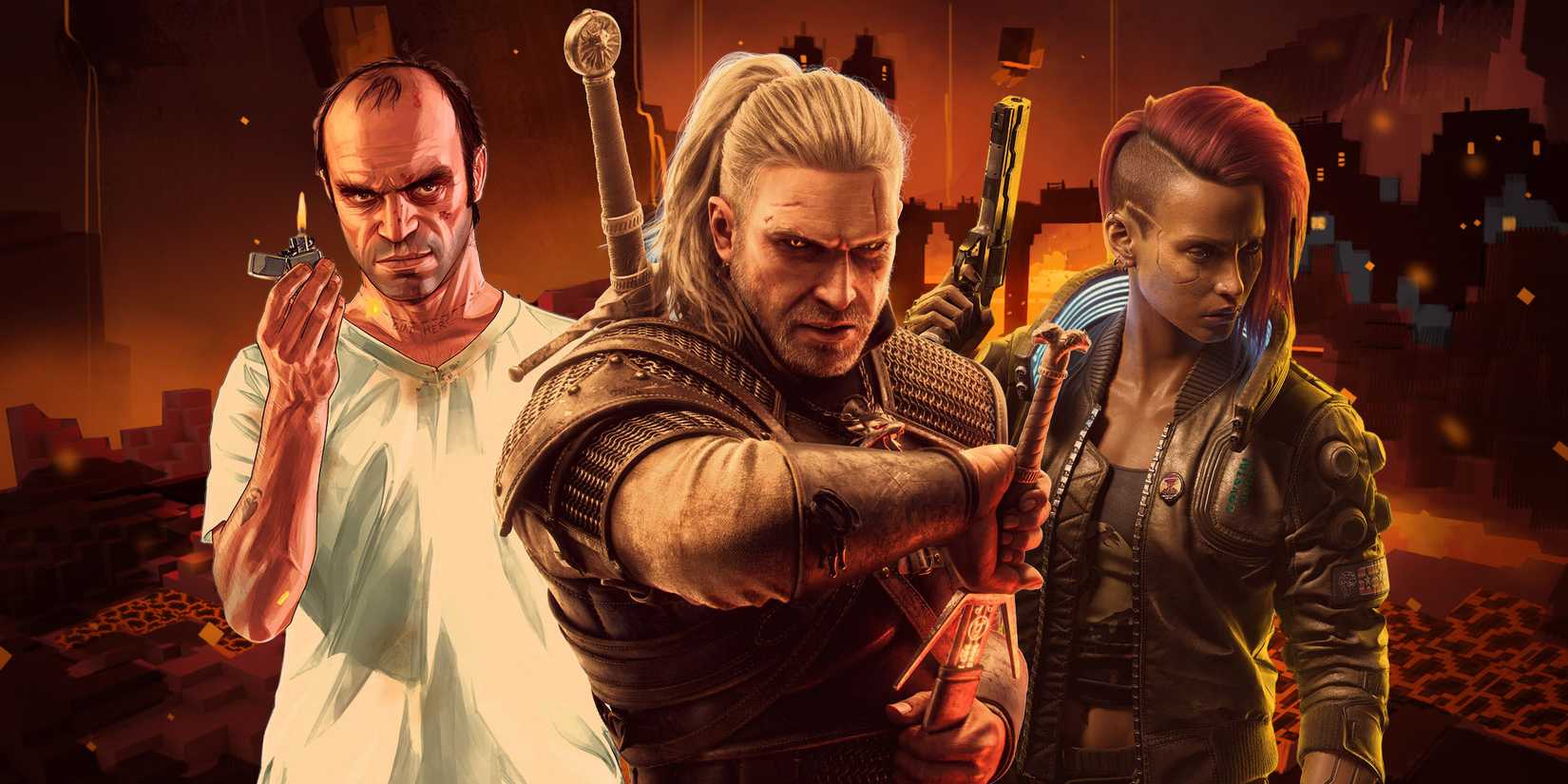 Trevor from GTA 5, Geralt from The Witcher 3, Fem V from Cyberpunk 2077