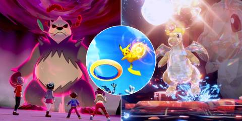 A collage of three Pokemon games with prominent multiplayer components: Pokemon Sword and Shield, Pokemon Unite and Pokemon Scarlet and Violet.