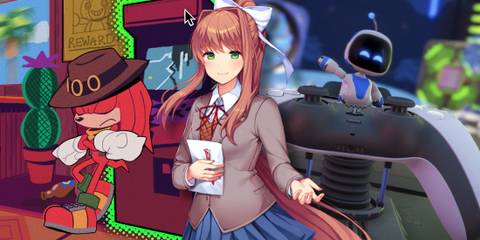 A collage of 3 great single-player games that are free: The Murder Of Sonic The Hedgehog, Doki Doki Literature Club! and Astro's Playroom.