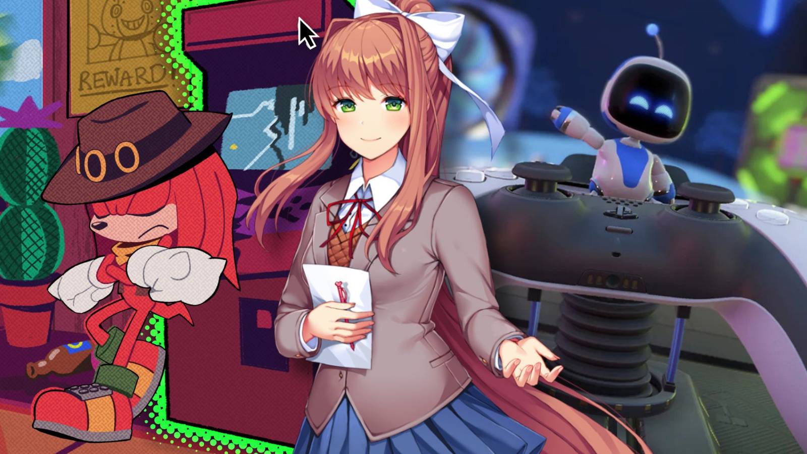 A collage of 3 great single-player games that are free: The Murder Of Sonic The Hedgehog, Doki Doki Literature Club! and Astro's Playroom.