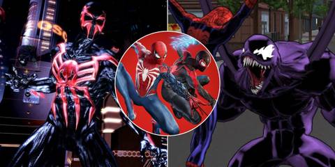 A collage of three Spider-Man games that feature multiple playable characters: Shattered Dimensions, Marvel's Spider-Man 2 and Ultimate Spider-Man.