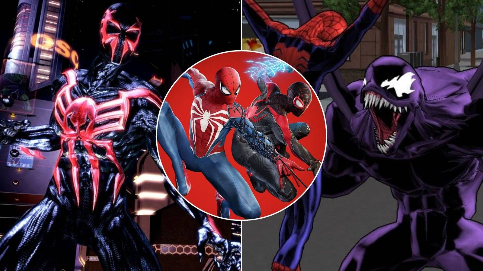 A collage of three Spider-Man games that feature multiple playable characters: Shattered Dimensions, Marvel's Spider-Man 2 and Ultimate Spider-Man.