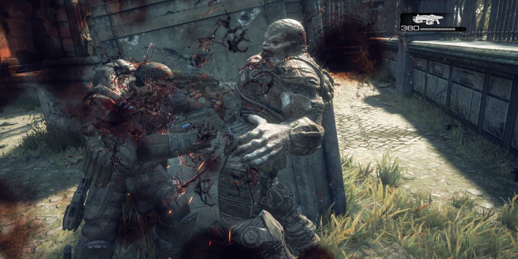 Chainsawing a locust in Gears of War Reloaded