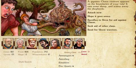 Choices depicting an encounter with a tentacle monster in King of Dragon Pass