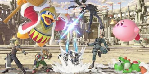 Cloud, King Dedede, Fox, Bayonetta, Snake, Yoshi, Kirby and Corrin fighting - Super Smash Bros. Ultimate
