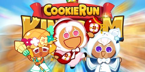 Cookie Run Kingdom enthusiastic looking characters in front of game logo 2x1 composite