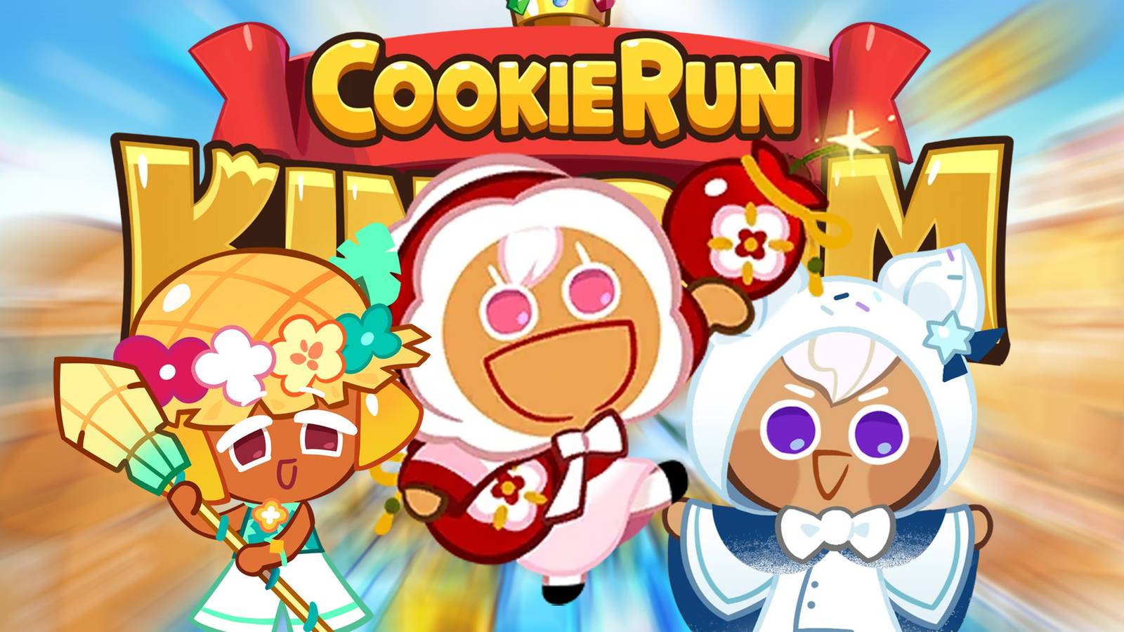Cookie Run Kingdom enthusiastic looking characters in front of game logo 2x1 composite
