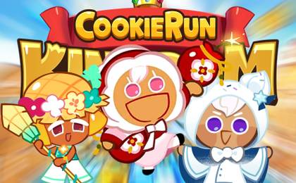 Cookie Run Kingdom enthusiastic looking characters in front of game logo 2x1 composite