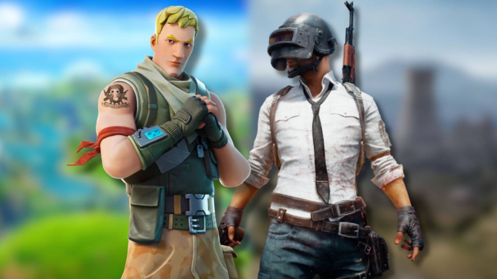 A collage of main characters from two games that are similar to each other: Fortnite: Battle Royale and PlayerUnknown's Battlegrounds.