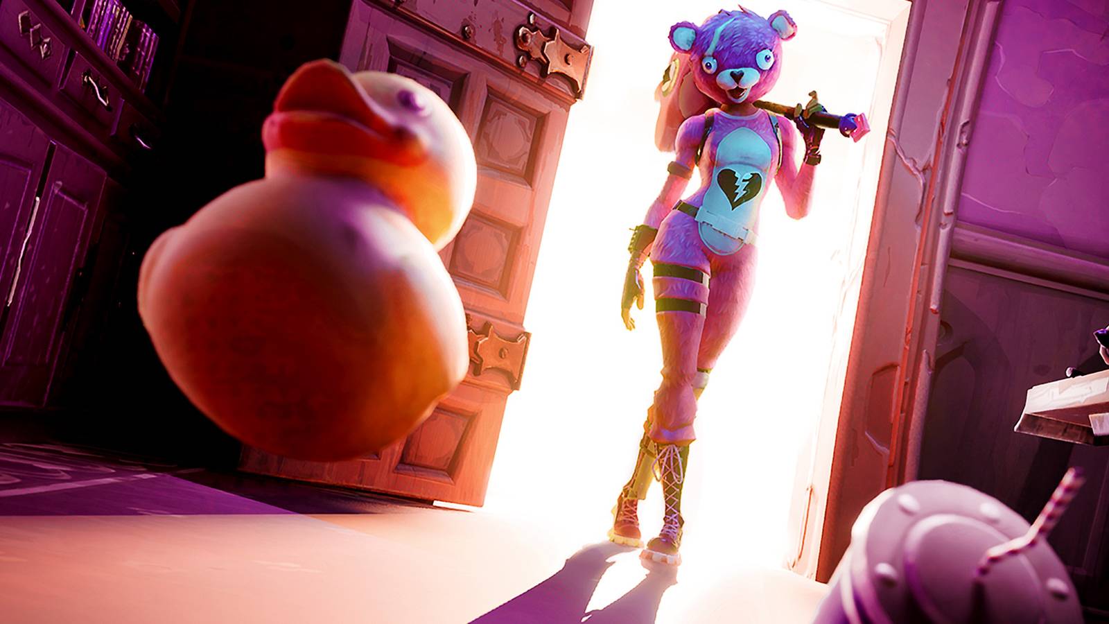 Cuddle Team Leader entering room with rubber duck yellow Fortnite key art graphic