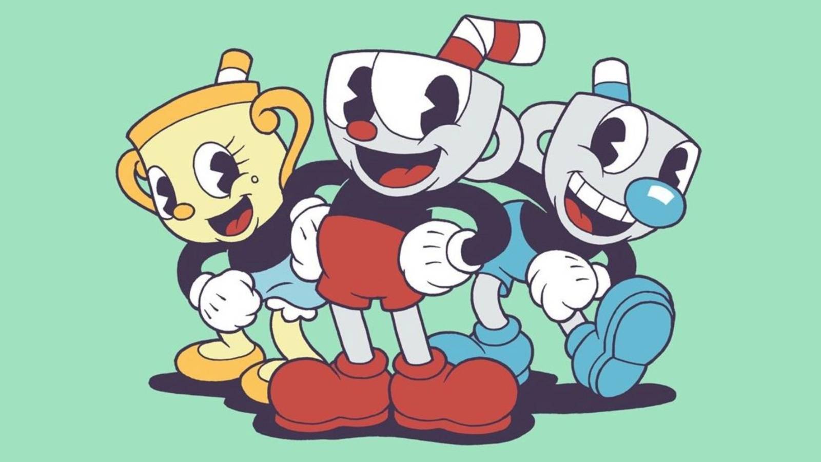 Cuphead Main Character Trio In Front Of Mint Background