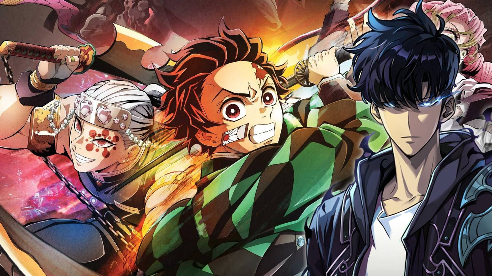 picture: sung jinwoo and demon slayer characters.