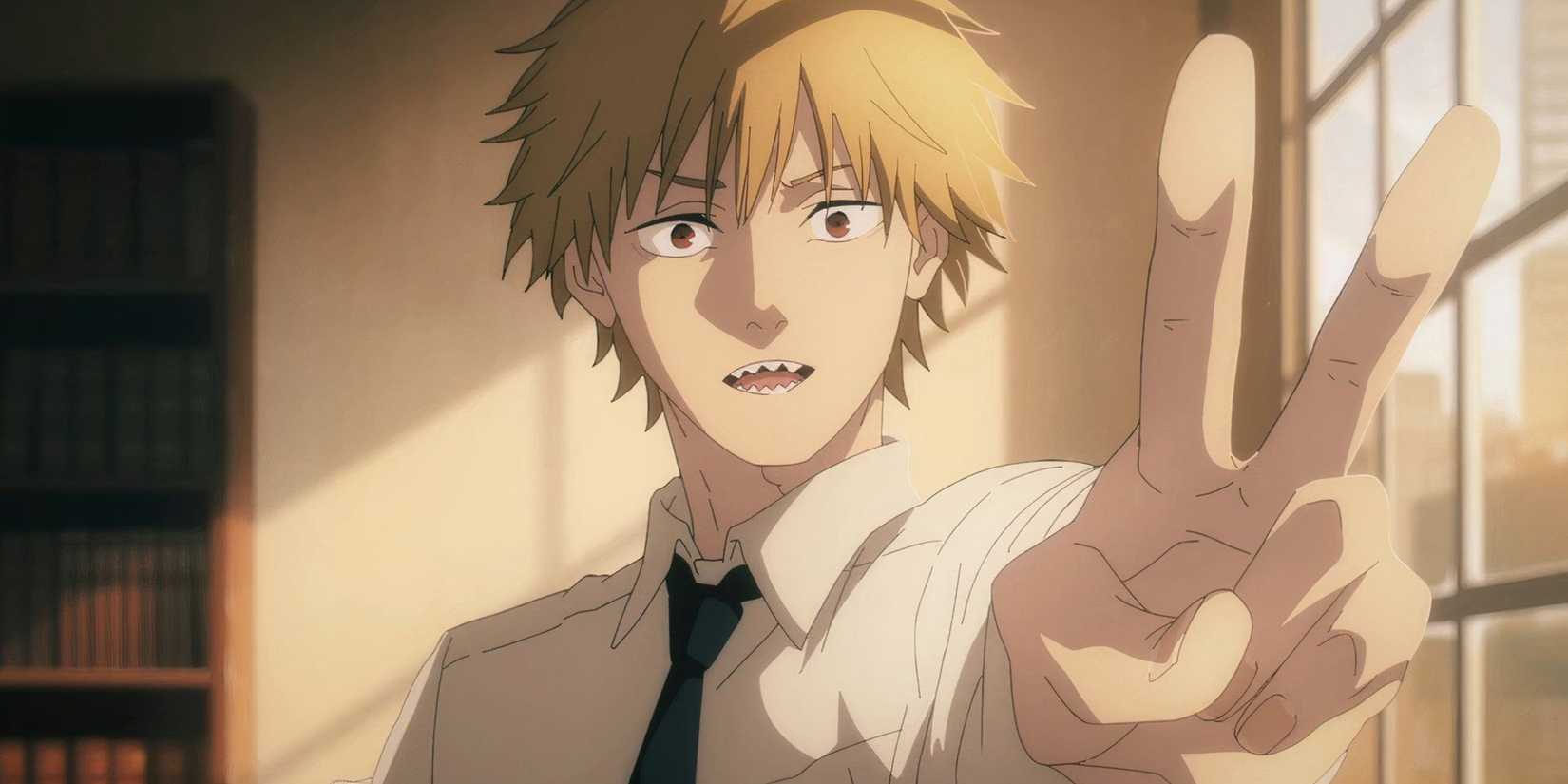 Denji from Chainsaw Man makes a peace sign.