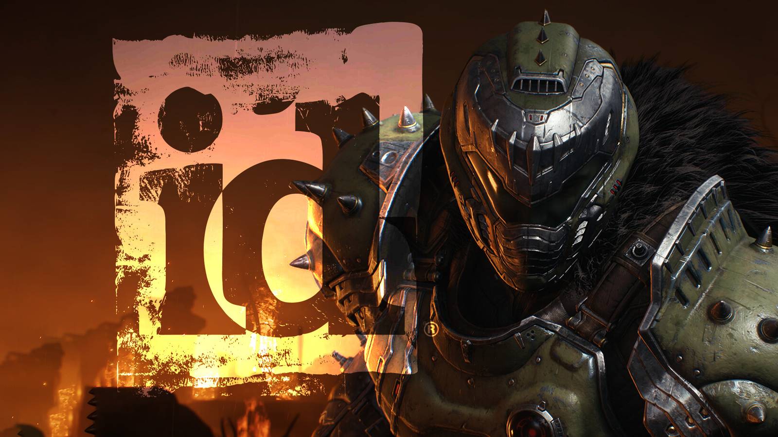 Doom The Dark Ages Doom Guy next to Id Software logo semi-transparent 2x1 composite