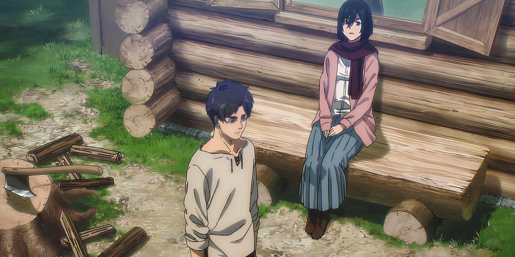 Eren and Mikasa at a cabin in Attack on Titan
