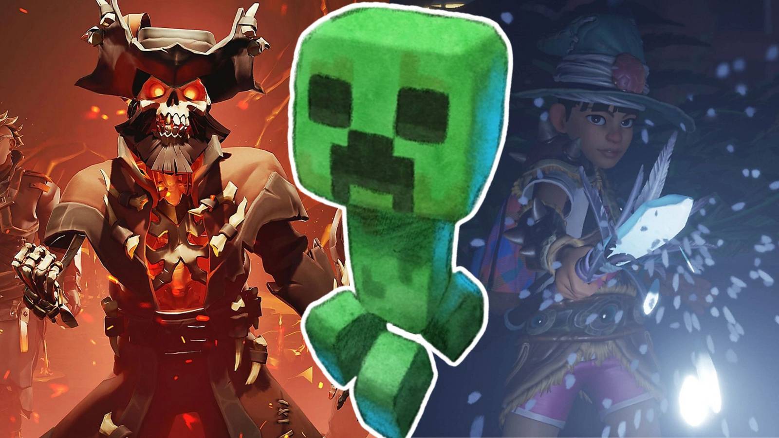 A collage of three Xbox Game Studios games that are available on PS5: Sea of Thieves, Minecraft Legends and Grounded.