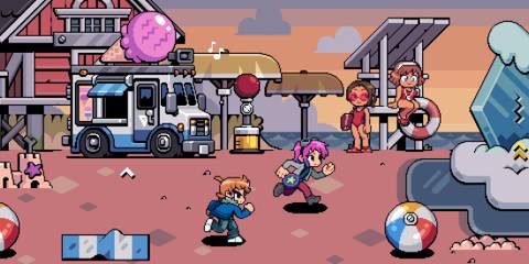 Exploring a beach in co-op in Scott Pilgrim EX