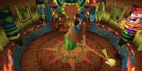 Fighting a boss in Crash Bandicoot (PS1)