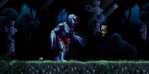 Fighting a boss in La-Mulana