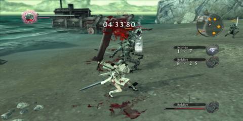 Fithing with a giant sword on a beach in Drakengard 3