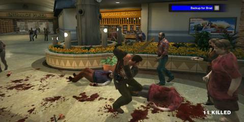 Frank fighting zombies with a piece of wood - Dead Rising