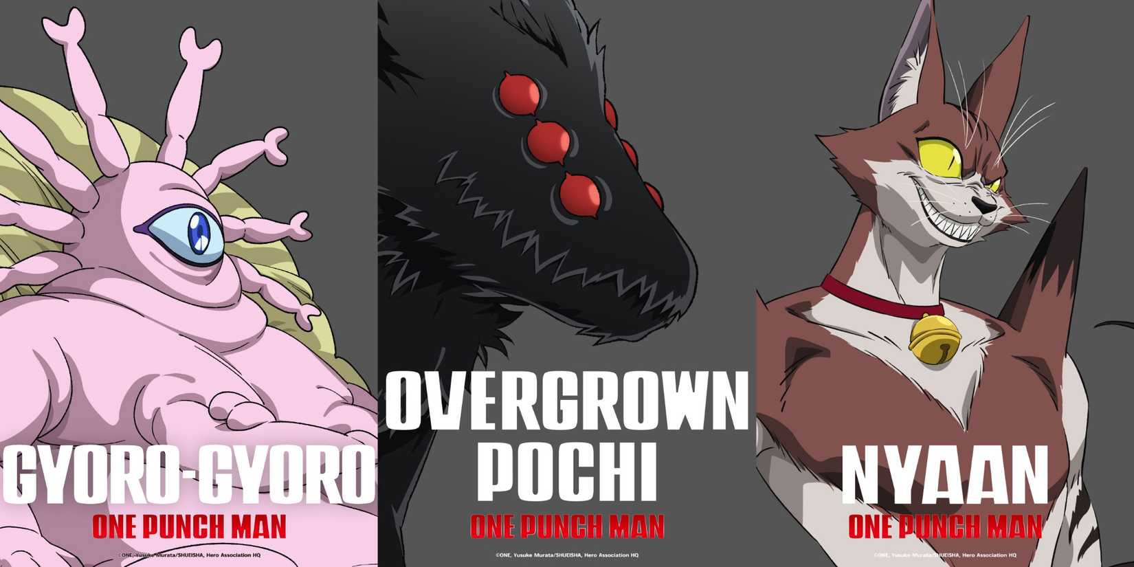 From left to right, Gyoro, Overgrown Pochi, and Nyaan, as shown by One Punch Man's official X Account teasing what's to come in Season 3
