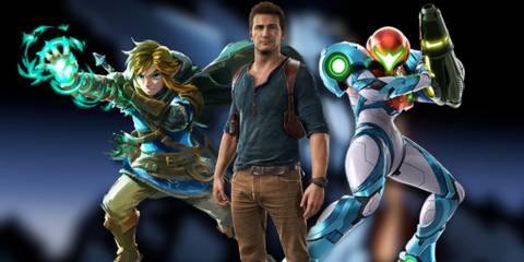 A collage of characters from three games that should have won GOTY: The Legend of Zelda: Tears of the Kingdom, Uncharted 4: A Thief's End and Metroid Dread.