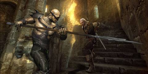 Geralt clashing against an armed enemy - The Witcher